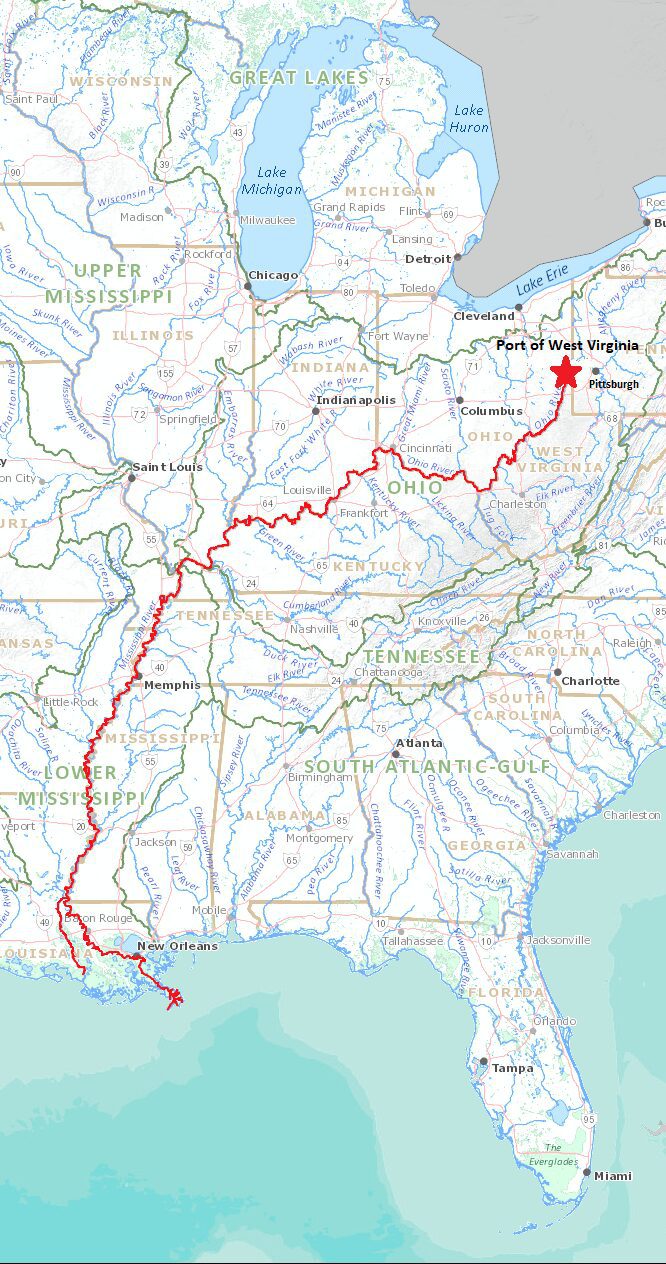 Map of Red outline of the Mississippi River and Ohio River to the Port of West Virginia